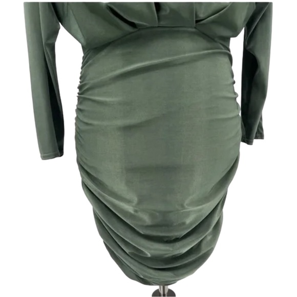 SOLD! Olive Green Surplice Batwing Midi Ruched Long Sleeve Dress Size Medium/8 - Picture 9 of 10